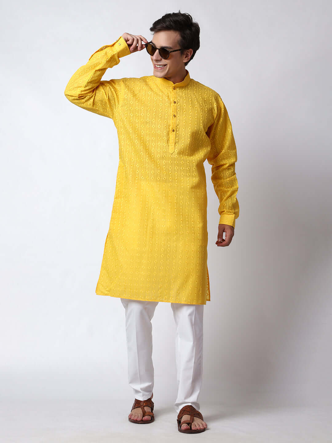 Chikankari Yellow Haldi Kurta Set for Men