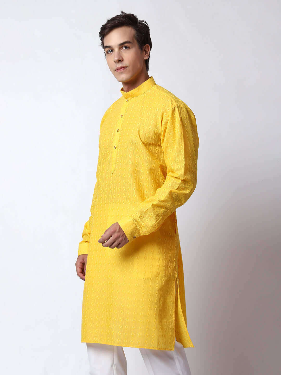 Yellow Chikankari Kurta for Men, perfect for Indian wedding haldi functions, festivals, casual outings, office ethnic day wear, and other occasions. Shop this chikankari kurta for male on Crease India Website.