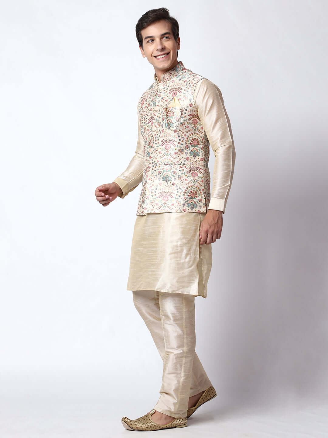 Zari Cream Kurta Pant with Jacket for men available online in India. A sophisticated men's ethnic wear ensemble featuring a cream dupion silk kurta jacket set. The jacket has prints and zari embroidery detailing. This designer cream kurta jacket set for men is ideal for weddings, Diwali, Eid, Navratri, & more festivals. Shop this designer cream kurta set for men on Crease India Website.