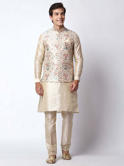 Zari Cream Kurta Pant with Jacket for men available online in India. A sophisticated men's ethnic wear ensemble featuring a cream dupion silk kurta jacket set. The jacket has prints and zari embroidery detailing. This designer cream kurta jacket set for men is ideal for weddings, Diwali, Eid, Navratri, & more festivals. Shop this designer cream kurta set for men on Crease India Website.